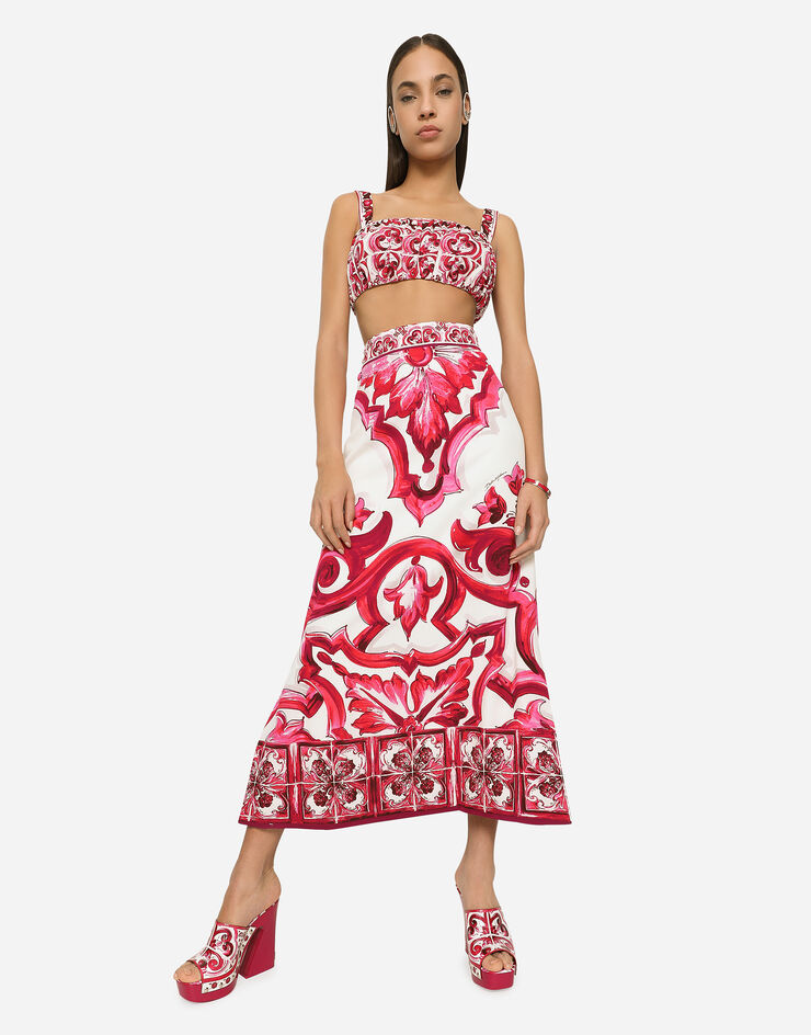 Dolce&Gabbana Majolica-print charmeuse calf-length skirt with slit Multicolor F4CEMTHPABX