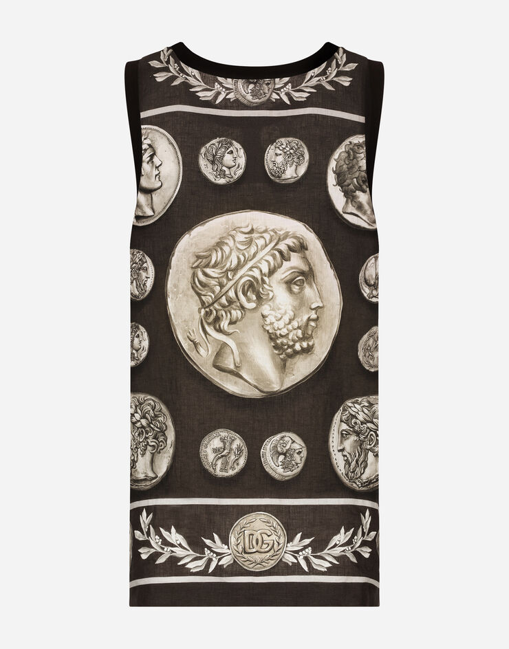 Dolce&Gabbana Coin print tank top in cotton and linen Brown G8OM9TFP4M0