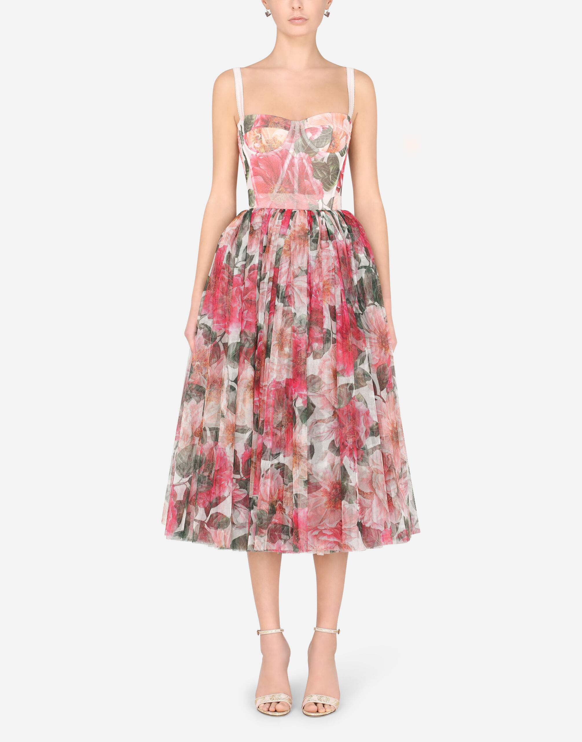 50s style midi dress in camellia print tulle
