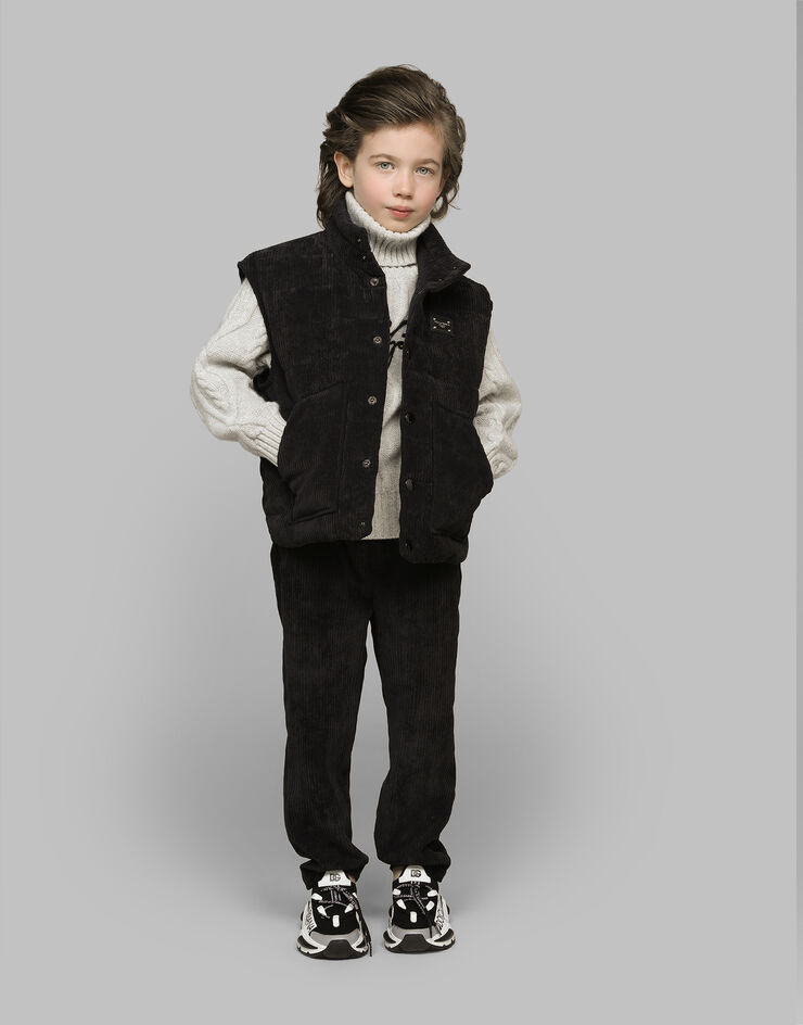 Dolce & Gabbana Plumífero corto de terciopelo acanalado con placa con logotipo Negro L4JB7BFUWDL