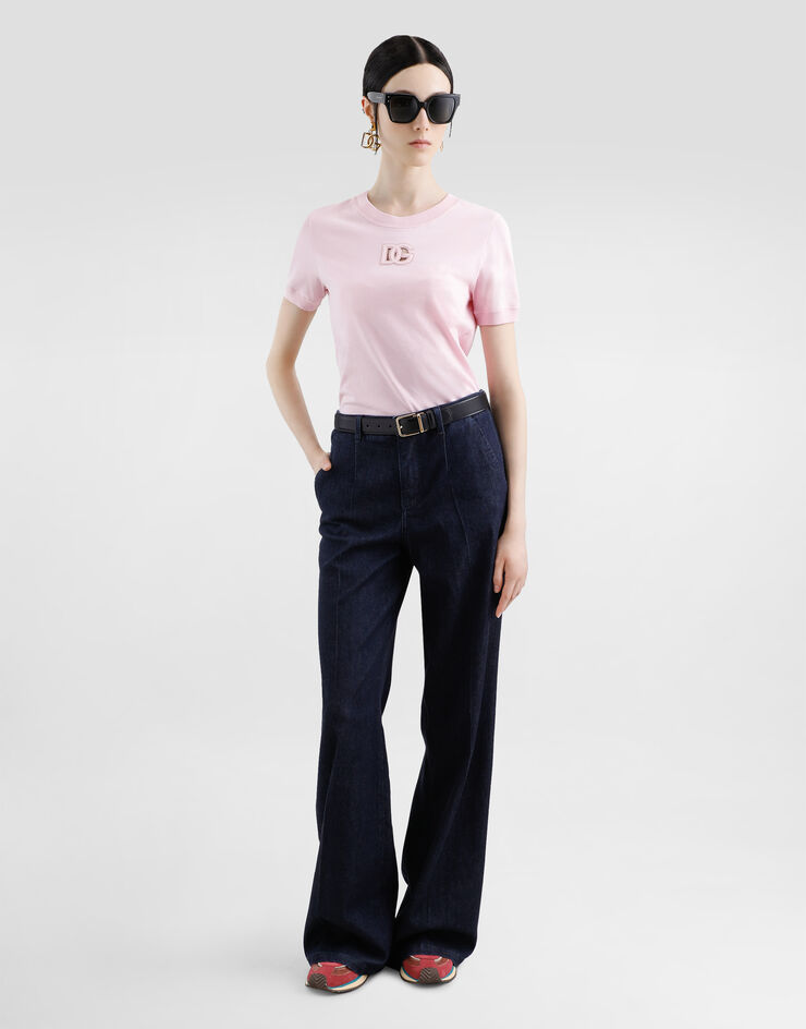 Dolce & Gabbana Camiseta de punto con logotipo DG bordado en relieve Pink F8N08ZGDCX1