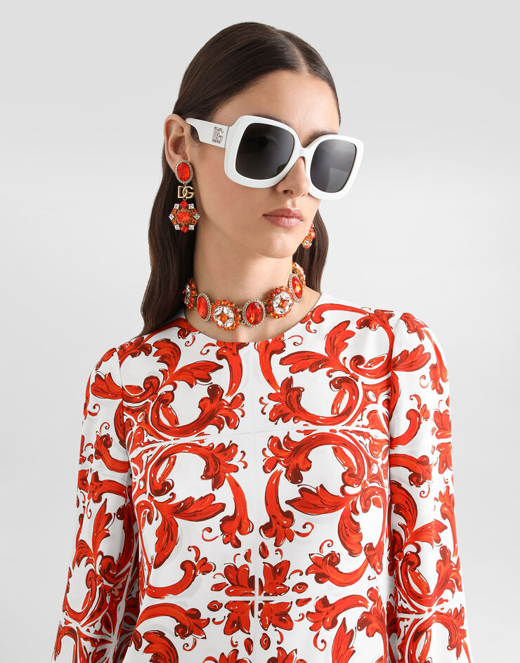 Dolce & Gabbana Majolica-print charmeuse dress with feather trim Multicolor F6ZW4ZGDDRJ