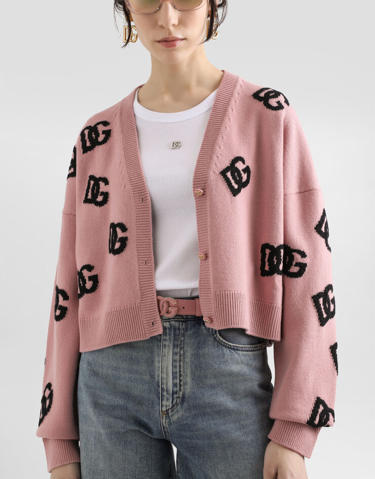Dolce & Gabbana Cropped wool cardigan with DG logo inlay Pink FXV52TJCVZL