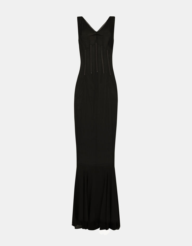 Dolce & Gabbana Vestido largo de chifón con varillas Negro F6ZB5TFUADS