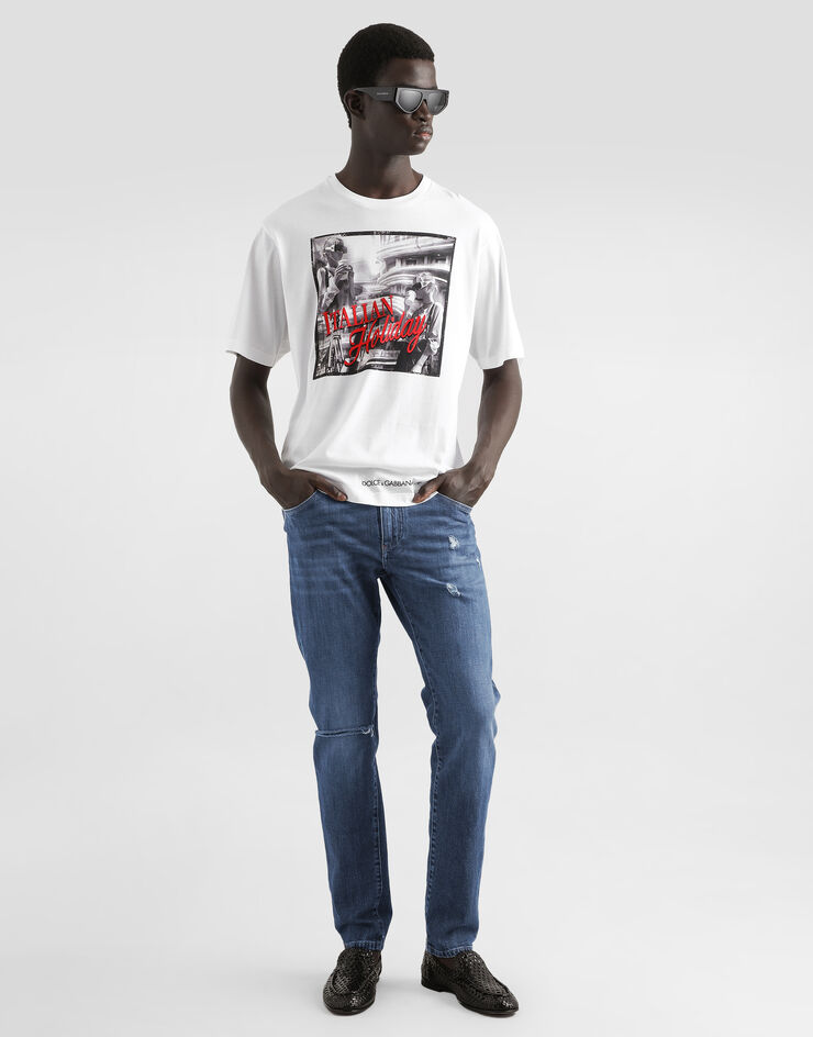 Dolce & Gabbana جينز قطني مرن بقصة ضيقة وتطريز شعار متعدد الألوان GY07CZG8MX3