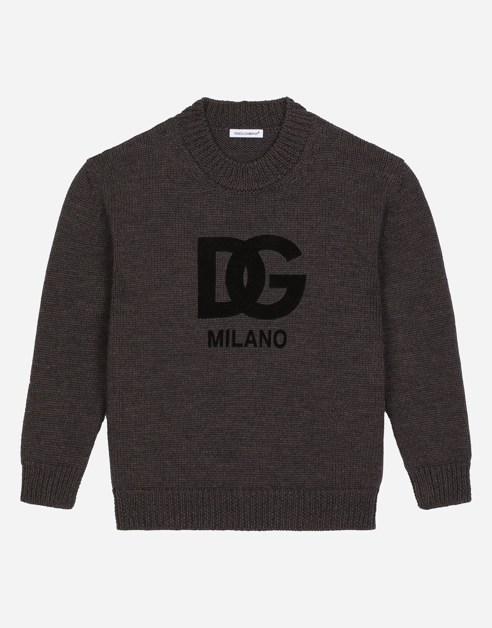 Dolce & Gabbana Rundhalspullover aus Wolle mit geflocktem DG-Logo Schwarz L4KWE1JCVR9