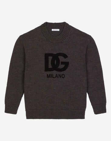 Dolce & Gabbana Wool round-neck sweater with flocked DG logo Blue L4KWB2JAWF3