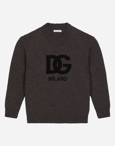 Dolce & Gabbana Джемпер из шерсти с круглым вырезом и флокированным логотипом DG черный L4KWE1JCVR9