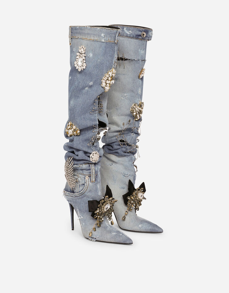 Dolce & Gabbana Patchwork denim boots with embroidery Blue CU0960AJ080