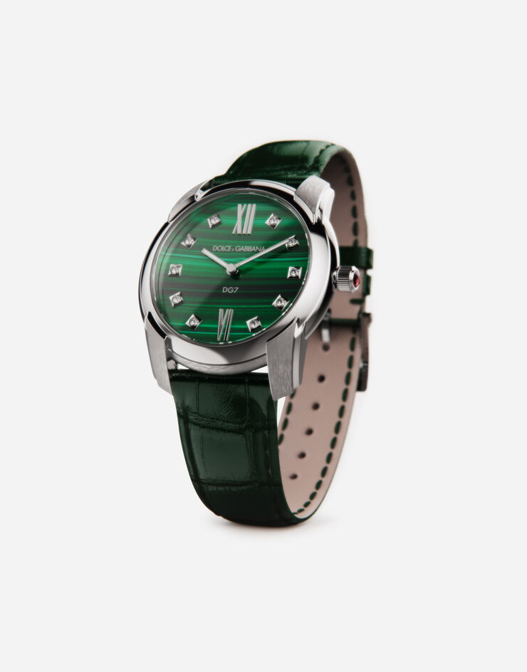 Dolce & Gabbana ساعة DG7 من الفولاذ مرصعة بالملكيت والماس أخضر WWFE2SXSFMA