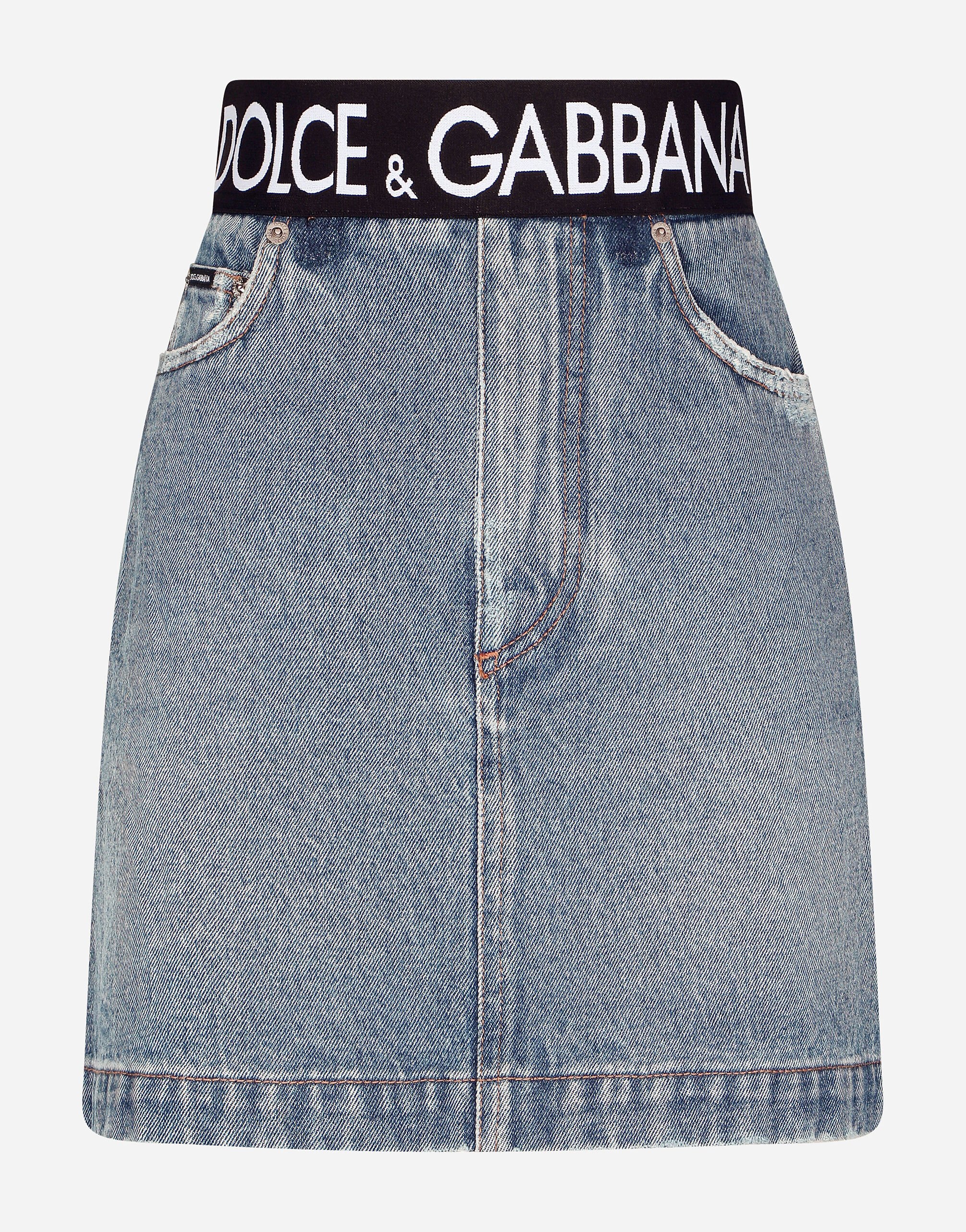 Dolce & Gabbana Short denim skirt with branded waistband Turquoise F4B7ITHLM7L