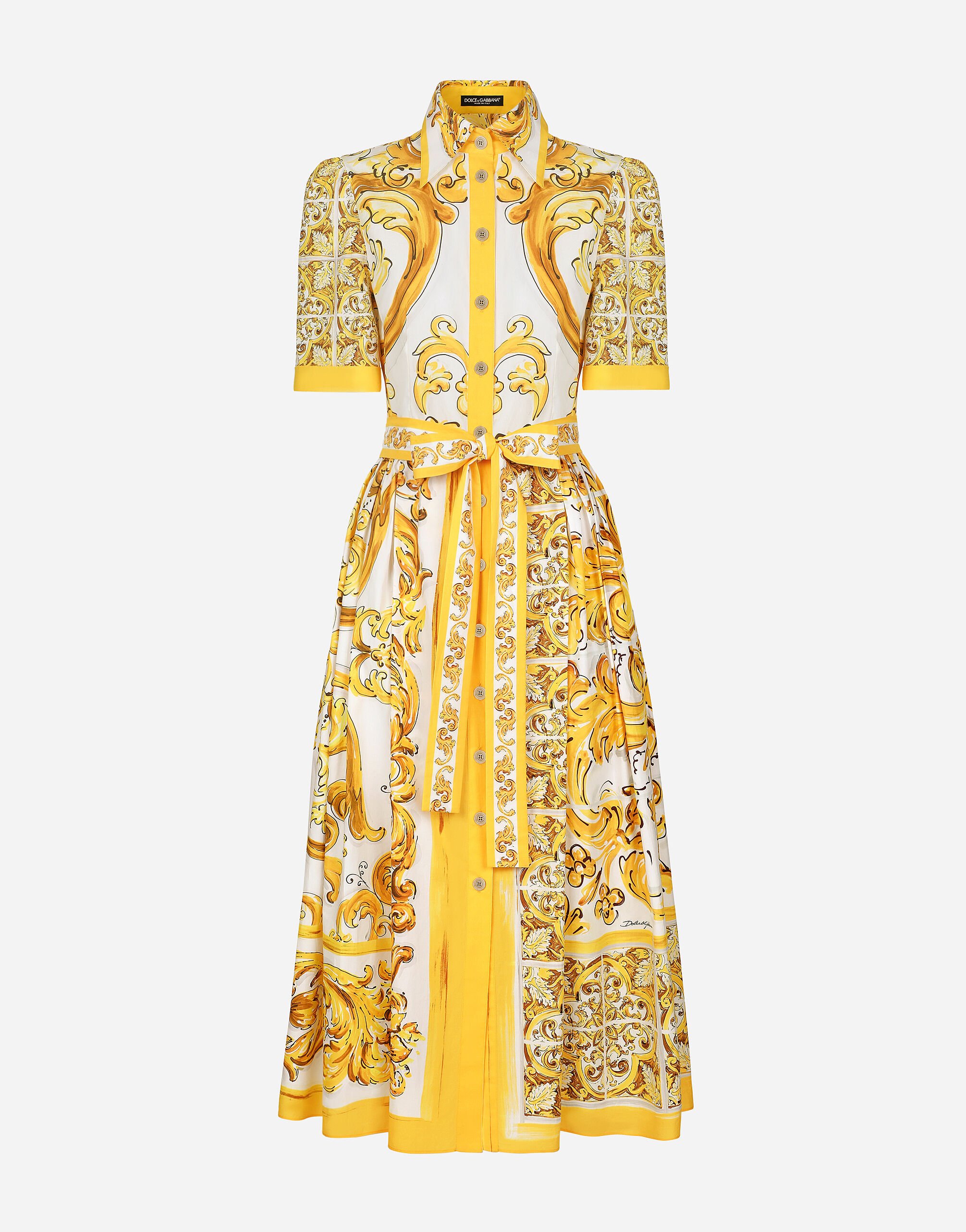 Dolce & Gabbana Vestido camisero midi con cinturón en popelina de algodón con estampado Maiolica Amarillo BB6003AW050
