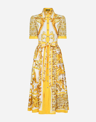 Dolce & Gabbana Vestido camisero midi con cinturón en popelina de algodón con estampado Maiolica Imprima F6ADLTHH5A0