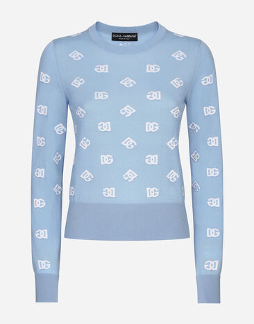 Dolce & Gabbana Jacquardpullover aus Wolle und Seide mit farblich abgestimmtem DG-Logo Azurblau FXJ34TJFMGS