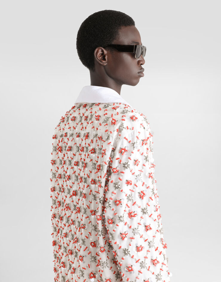 Dolce & Gabbana Long-sleeved cotton shirt with rhinestone and coral embroidery White G5NC8ZFU6X8