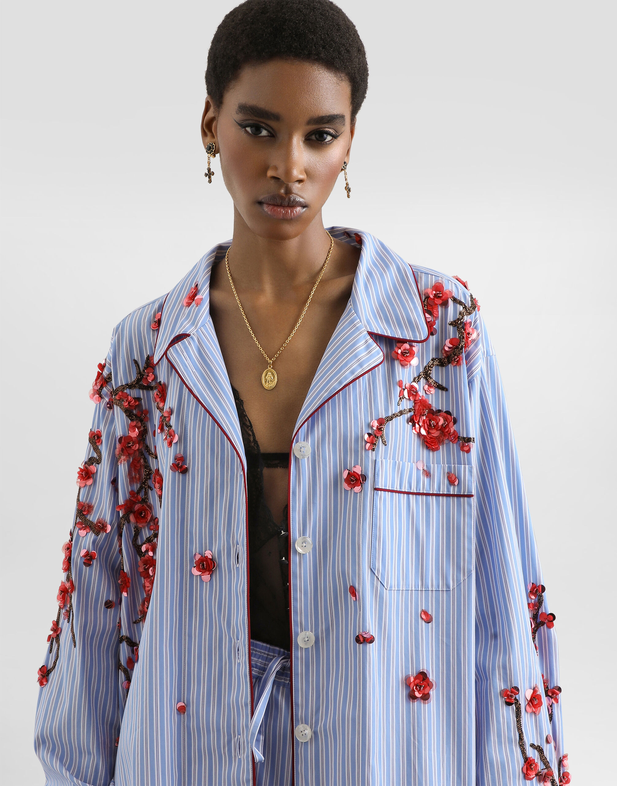 Poplin shirt with cherry tree embroidery in Multicolor for Women