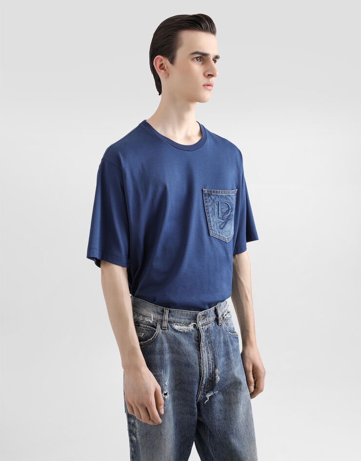Dolce & Gabbana Camiseta de algodón con bolsillito y logotipo bordado Azul G8PN9ZG7O4J
