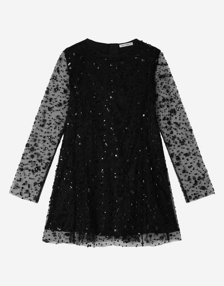 Dolce&Gabbana Long-sleeved tulle dress with fusible rhinestones Black L53DR4G7K5J
