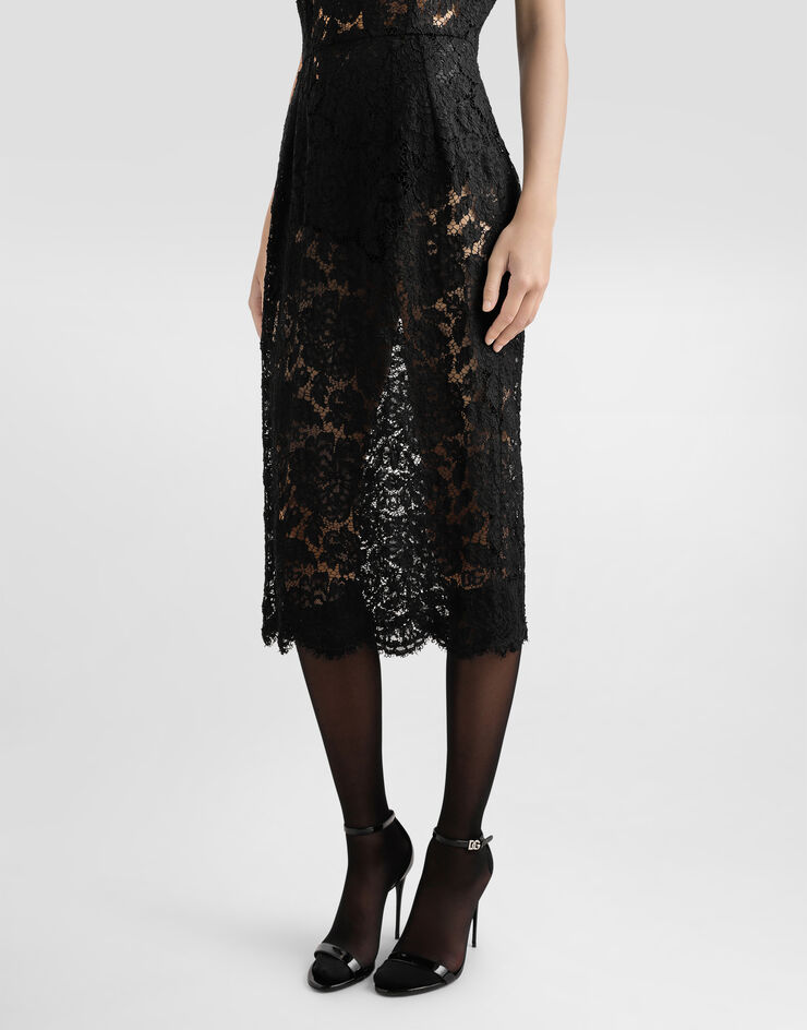 Dolce & Gabbana Longuette-Kleid aus elastischer Spitze mit Logo Schwarz F6H0ZTHLM7L