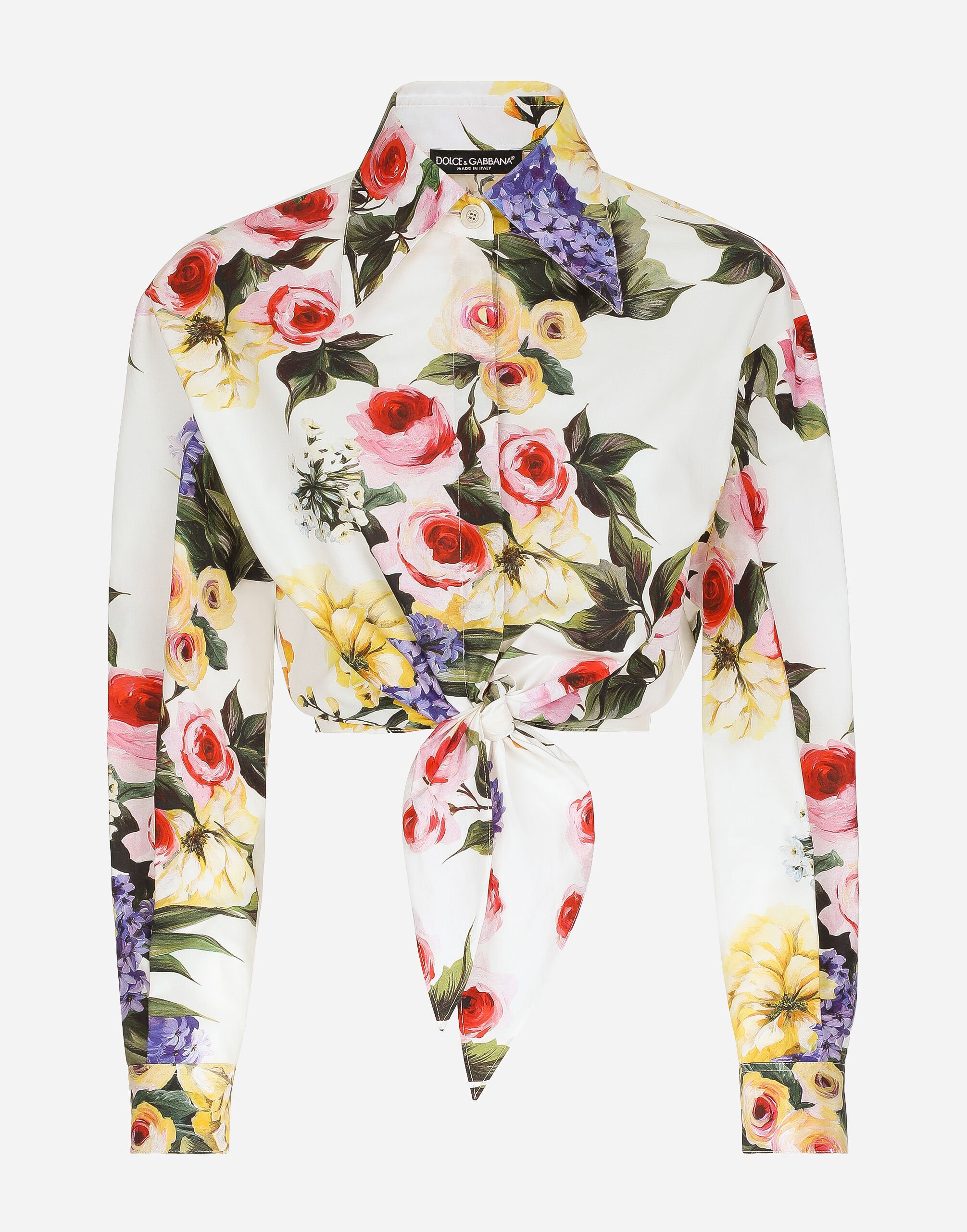 Dolce & Gabbana Cotton pussy-bow shirt with garden print Pink F26X8TFMMHN