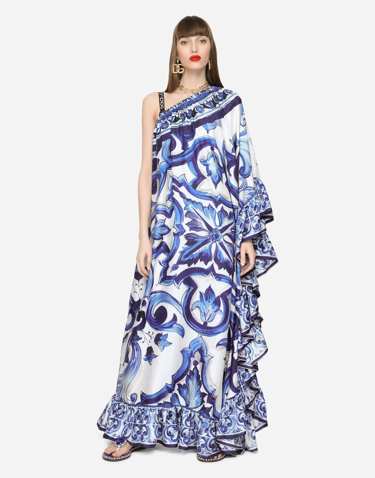 Dolce & Gabbana Long one-shoulder twill dress with majolica print Multicolor F6ADJTHI1BQ