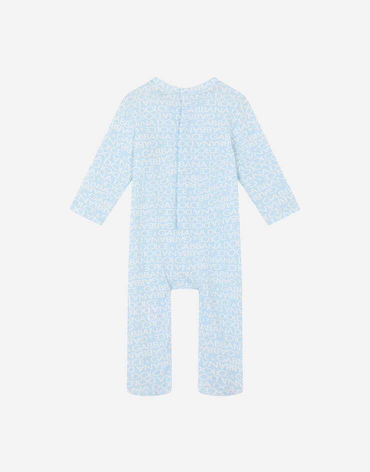 DolceGabbanaSpa Long-sleeved jersey onesie with all-over logo print and patch Azure L1JO6MG7KS3