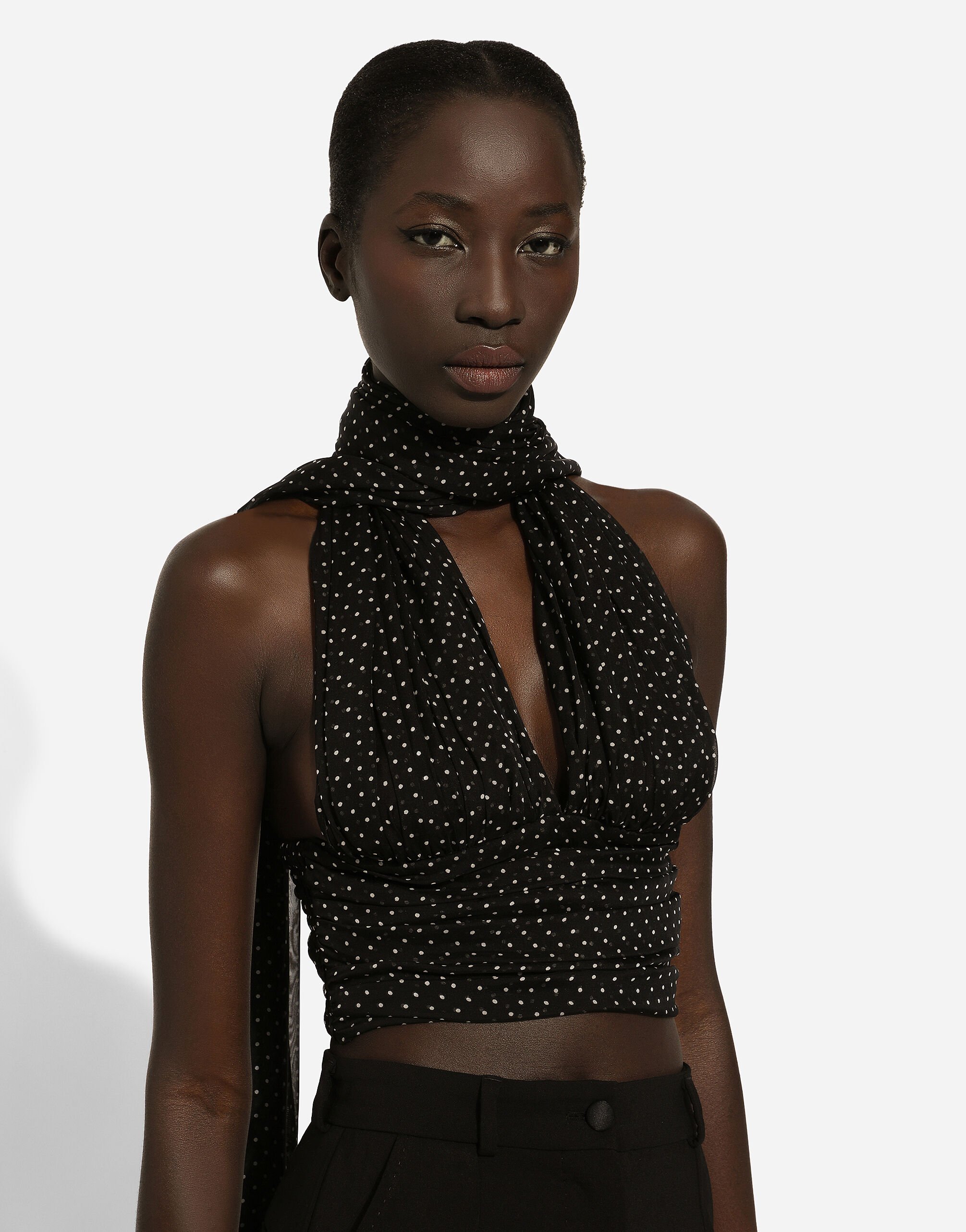 Chiffon top with polka dot print and scarf detail in Black for Women Dolce Gabbana US