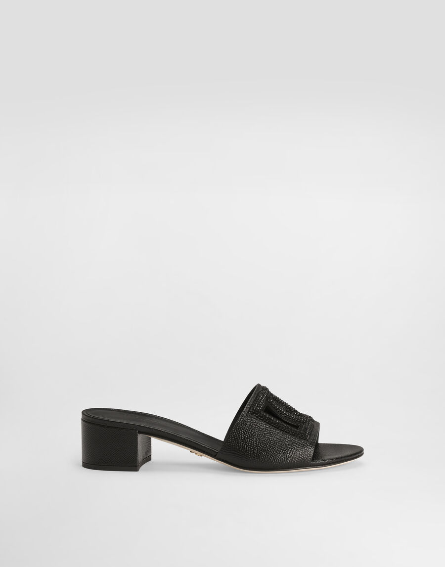 Mule in dauphine calfskin, suede and rhinestones