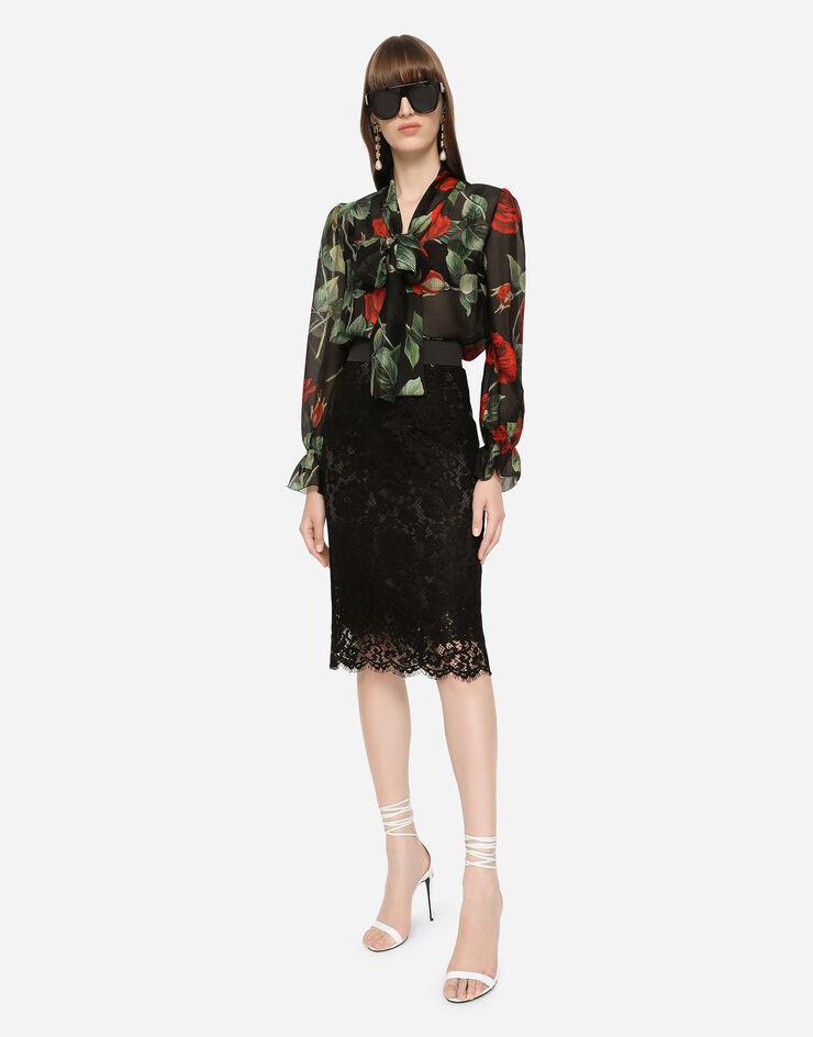 Dolce & Gabbana Camisa en ligamento de tela de chifón con estampado rosas y lazo Multicolor F5N69TIS1JB