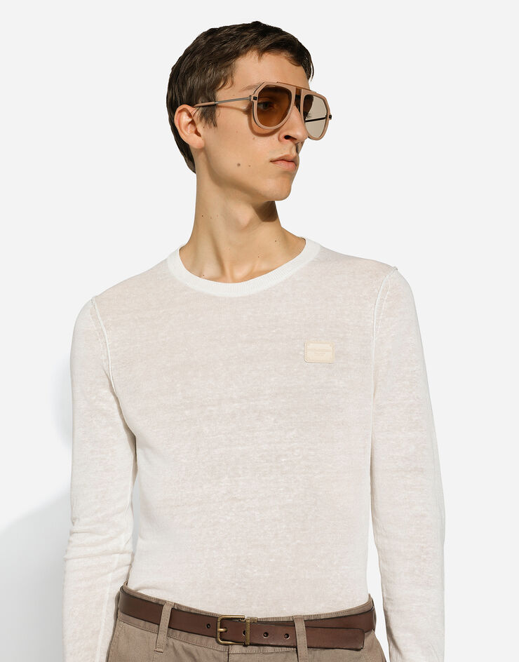 Dolce & Gabbana Linen round-neck sweater with branded tag White GXX02TJALAN