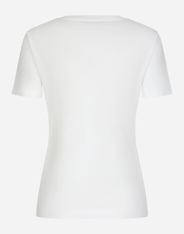 Dolce & Gabbana 黄玫瑰拼饰刺绣与 DG 徽标平纹针织 T 恤 白 F8T00ZGDCBT