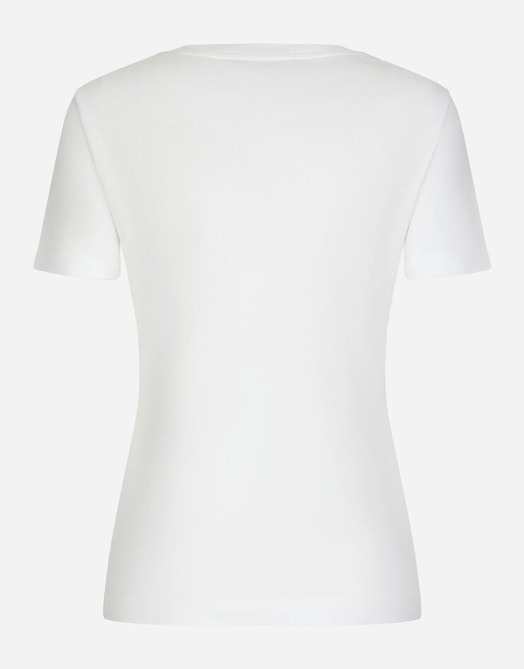 Dolce & Gabbana Camiseta de punto con logotipo DG y parche de rosas amarillas bordado Blanco F8T00ZGDCBT