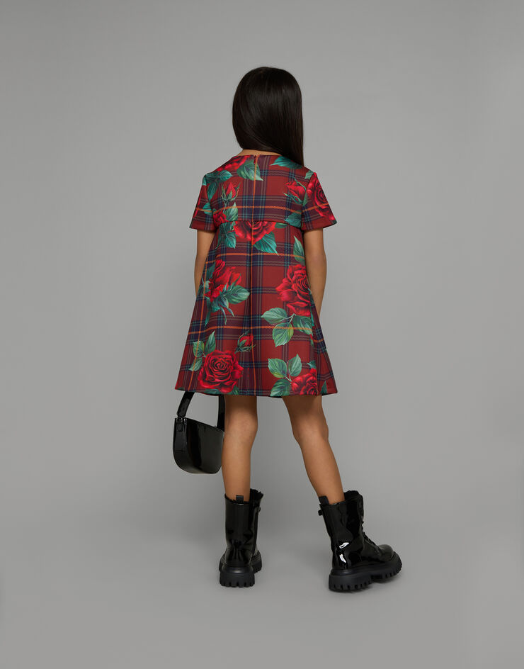 DolceGabbanaSpa Short-sleeved scuba dress with tartan and rose print Red L5JD6NFSG7I