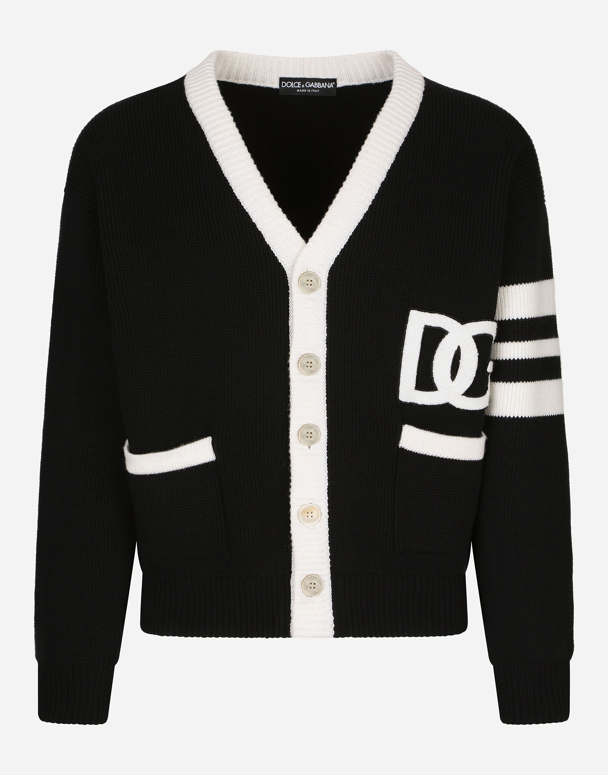 Dolce & Gabbana Wool fisherman’s rib cardigan with DG logo Black CS2079AO666