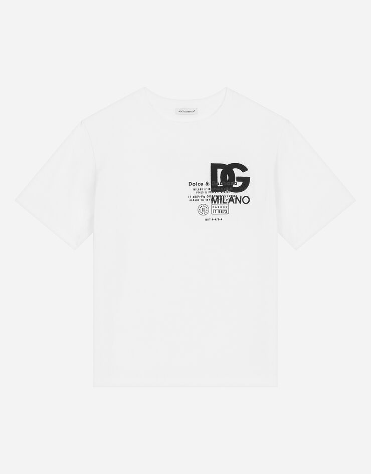 DolceGabbanaSpa Kurzarm-T-Shirt aus Jersey mit Print und Stickerei Weiss L4JTEYG7K1Z
