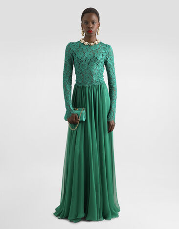 Dolce & Gabbana Robe longue en dentelle et mousseline Vert F6TJPTGDCTF