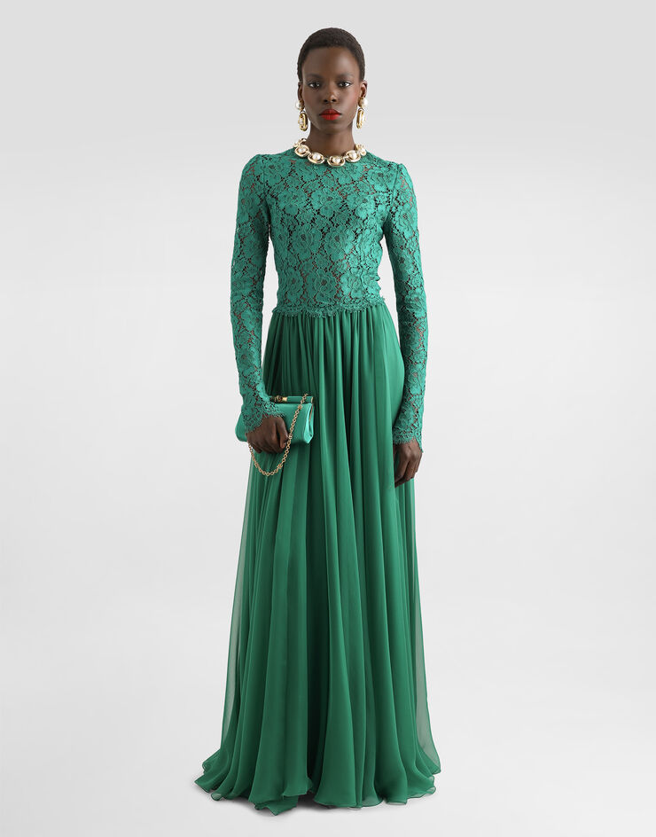 Dolce & Gabbana Langes Kleid aus Spitze und Chiffon Grün F6TJPTGDCTF