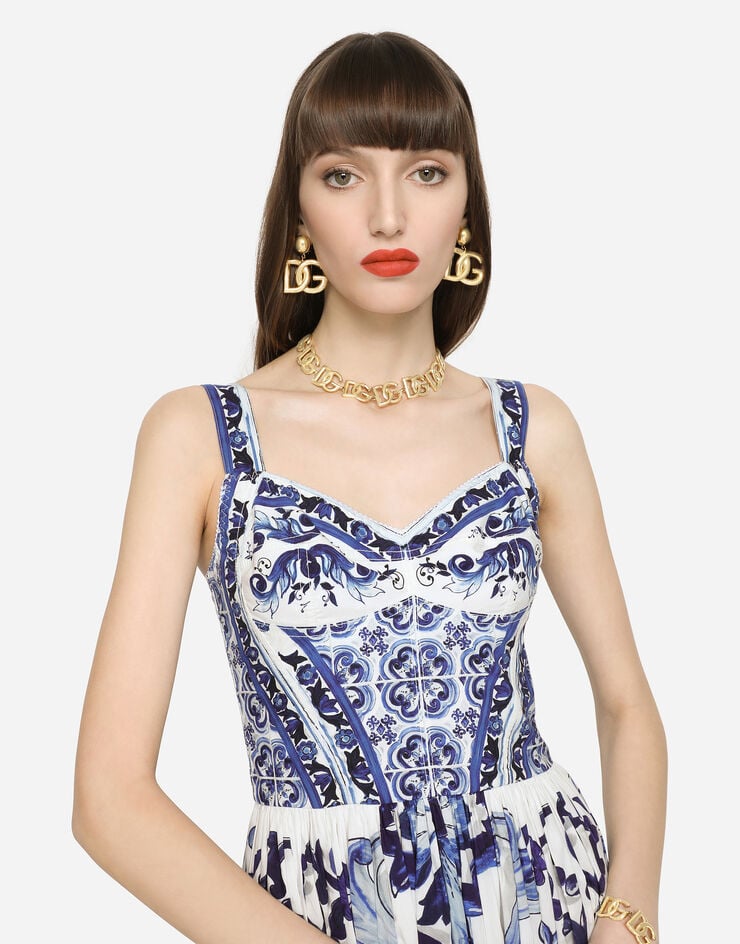 Dolce & Gabbana Vestido longuette con corsé de popelina con estampado de mayólica Multicolor F6AEITHH5A1