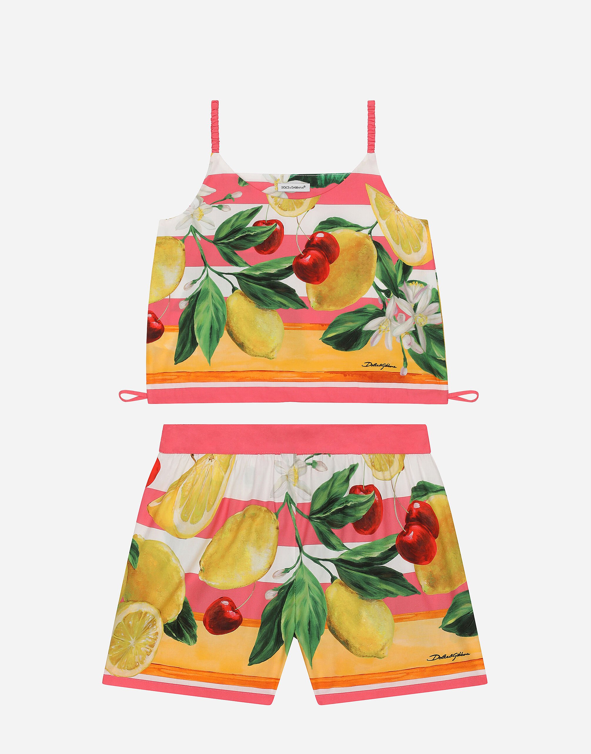 Dolce & Gabbana Conjunto de camiseta y pantalón corto de popelina con estampado de limones y cerezas Imprima L53DI6HS5QR