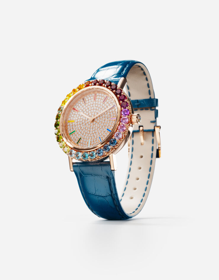 Dolce & Gabbana Reloj Iris en oro rosa con gemas multicolor y diamantes Azul WWLB2GXA0XA