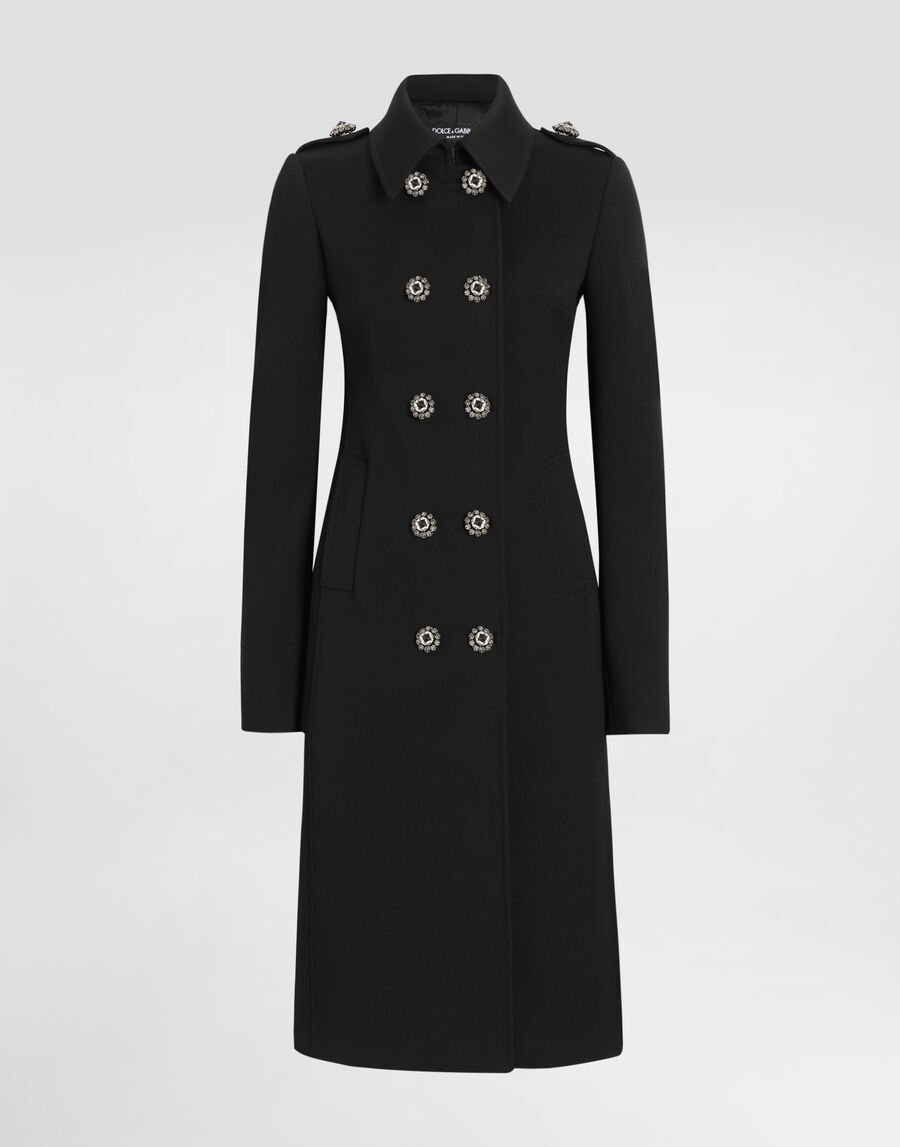 Double-breasted wool coat with bejeweled buttons