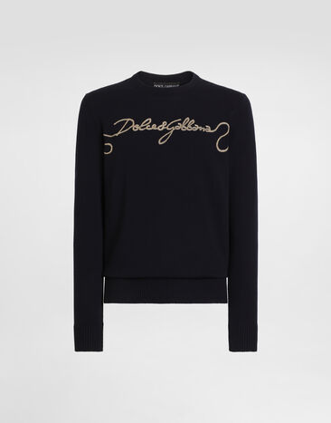 Dolce & Gabbana Pulóver en lana de punto liso con bordado Blue GXX02ZJDVIR