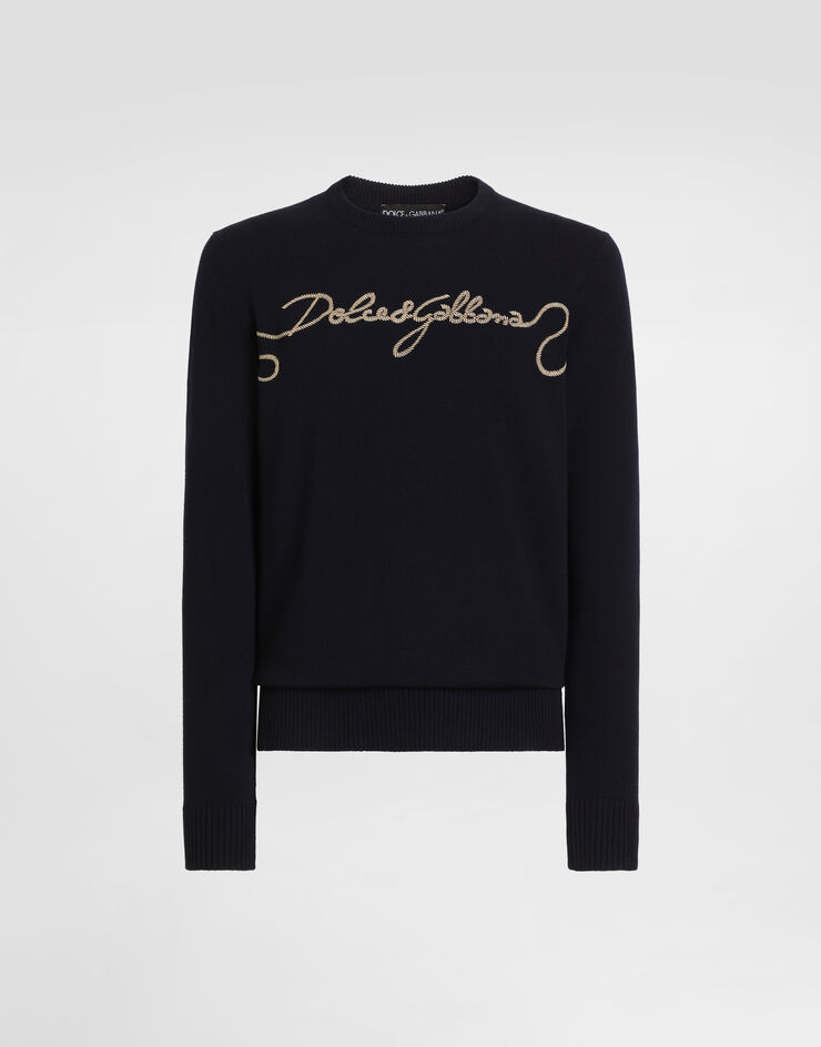 Dolce & Gabbana Pulóver en lana de punto liso con bordado Blue GXX02ZJDVIR
