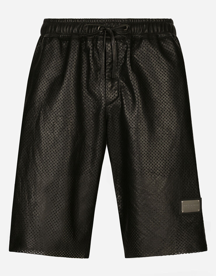 Dolce&Gabbana Openwork leather Bermuda jogging pants with brand plate Black GV6HALHULS1