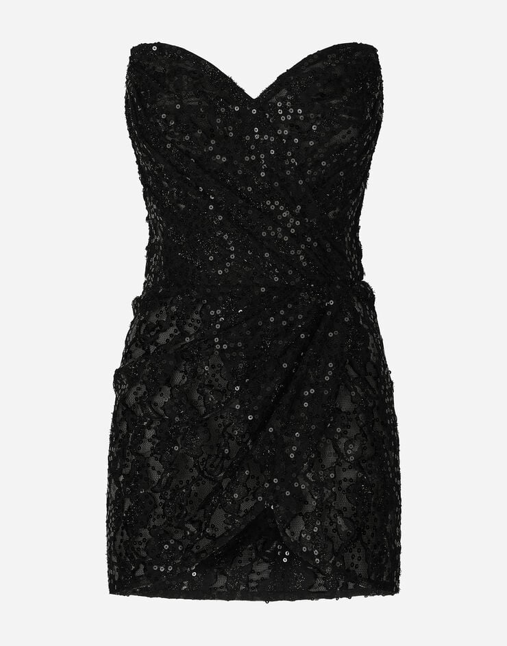 Dolce & Gabbana Kurzes Kleid mit Paillettenstickerei Schwarz F6AFWTFLSGE