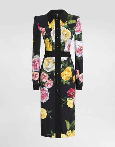 Dolce & Gabbana Longuette-Blusenkleid aus Cady Pfingstrosen- und Rosenprint Drucken F6TLDTFSRPH
