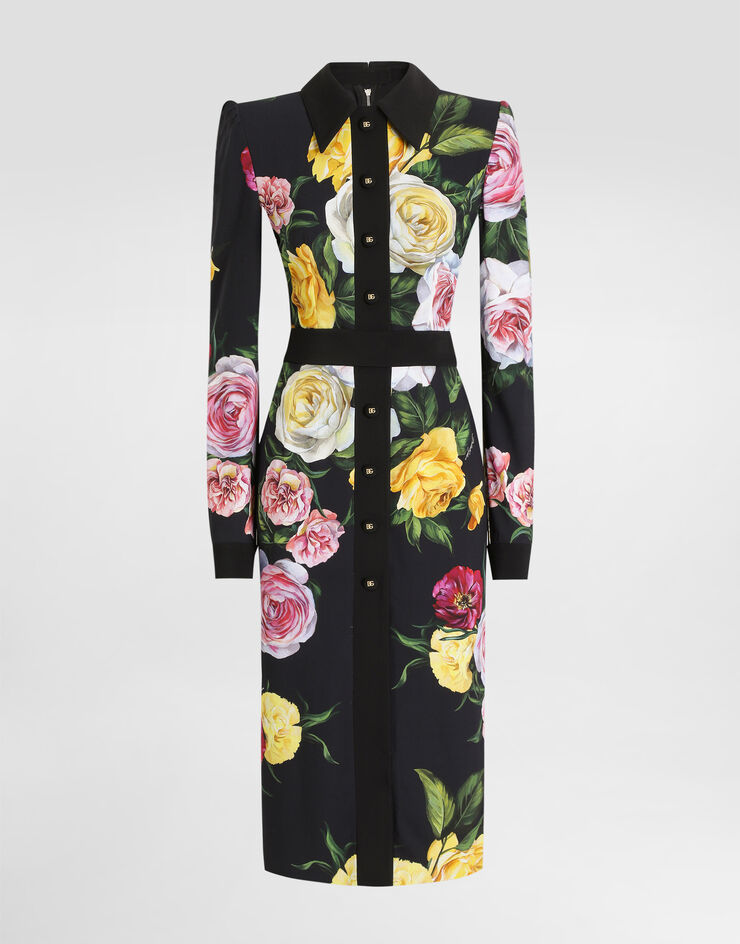 Dolce & Gabbana Calf-length cady shirt dress with peony and rose print Print F6TLDTFSRPH