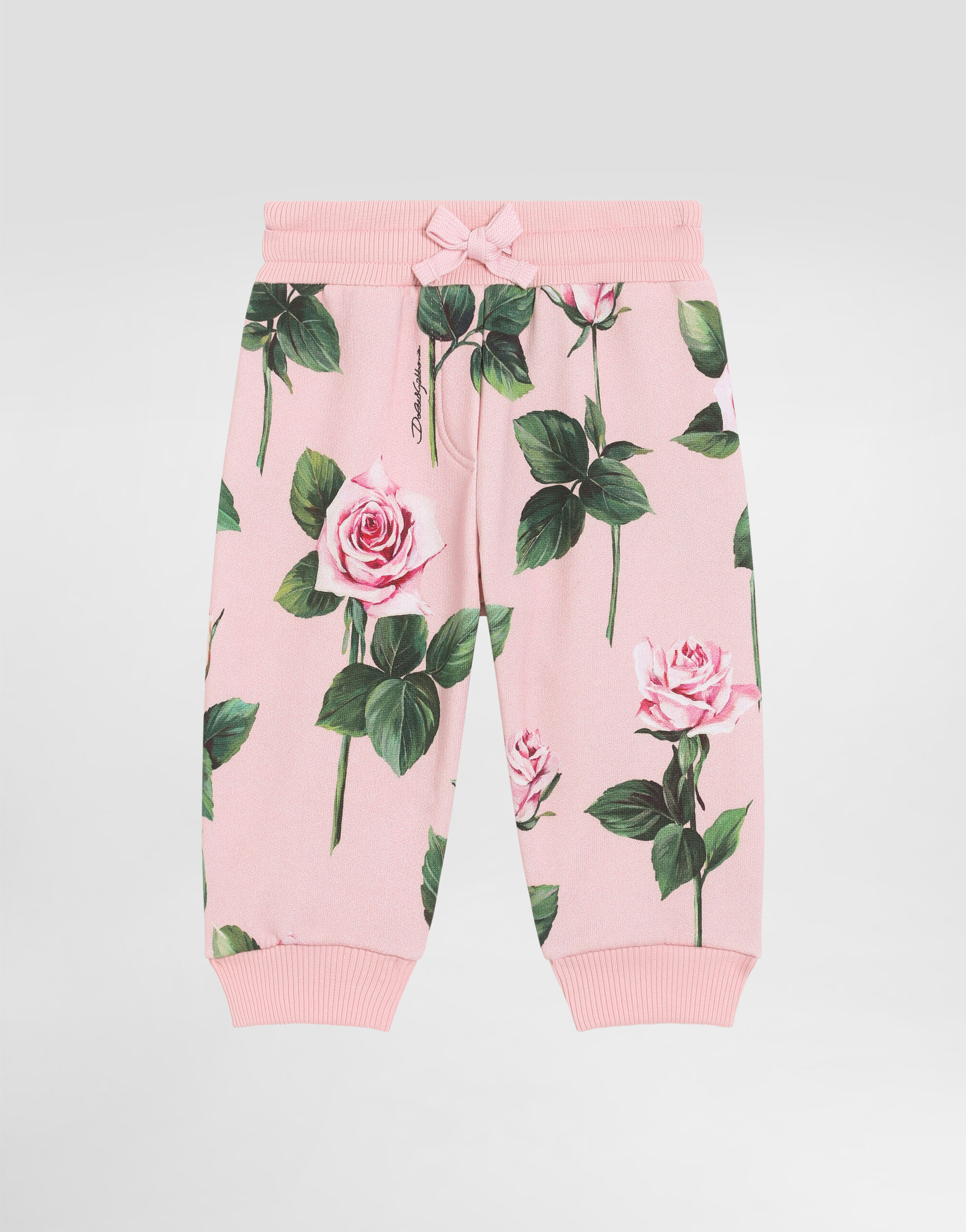 Cotton fleece jogging pants with rose print in Print for Girls Dolce Gabbana