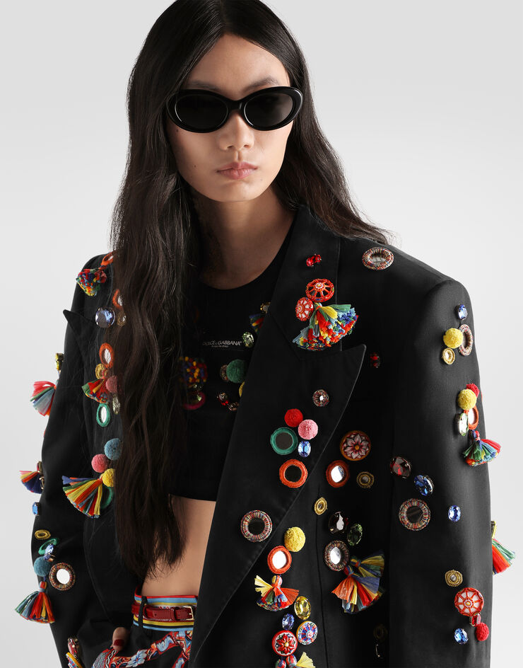 Dolce & Gabbana جاكيت أحادي الصدر من دريل قطن بتفاصيل أبليك Black F2JARZFU6VK