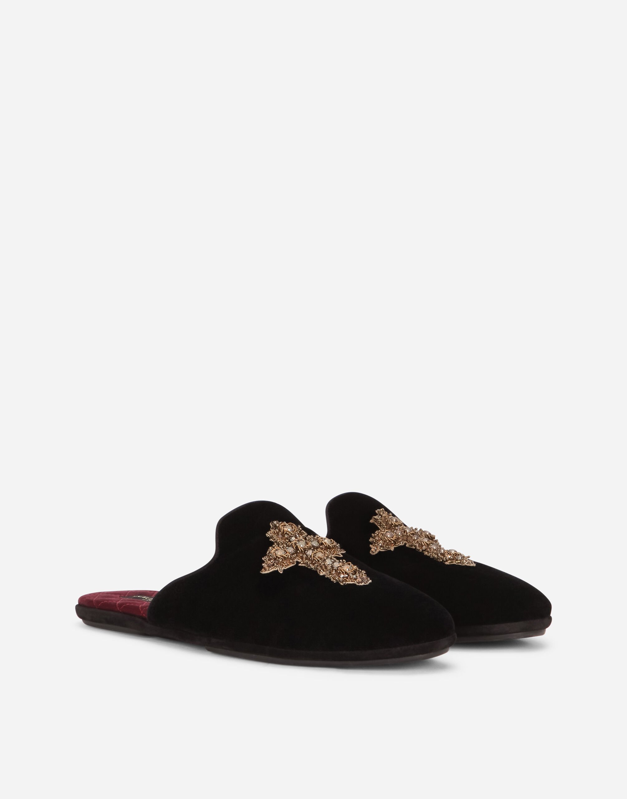 Velvet slippers with cross embroidery in Black for Dolce Gabbana US